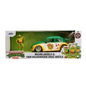TMNT Volkswagen Beetle 1:24 Scale Die-Cast Metal Vehicle with Michelangelo Figure- Free UK Shipping